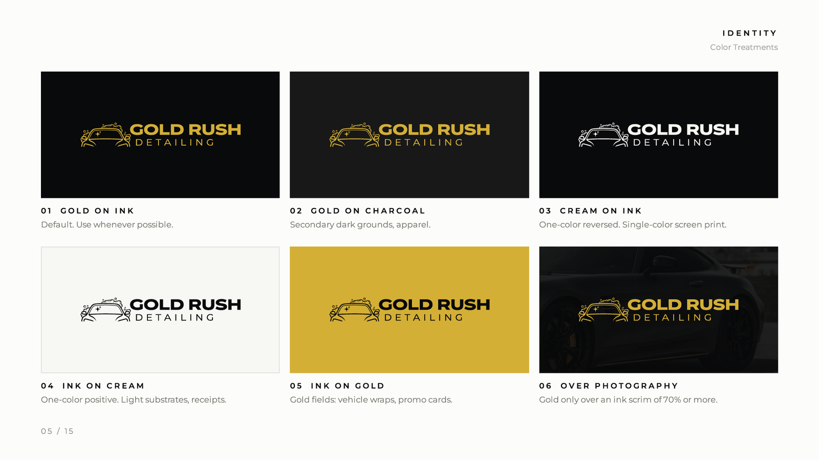 Six approved logo treatments: gold on ink, gold on charcoal, cream on ink, ink on cream, ink on gold, and gold over photography.