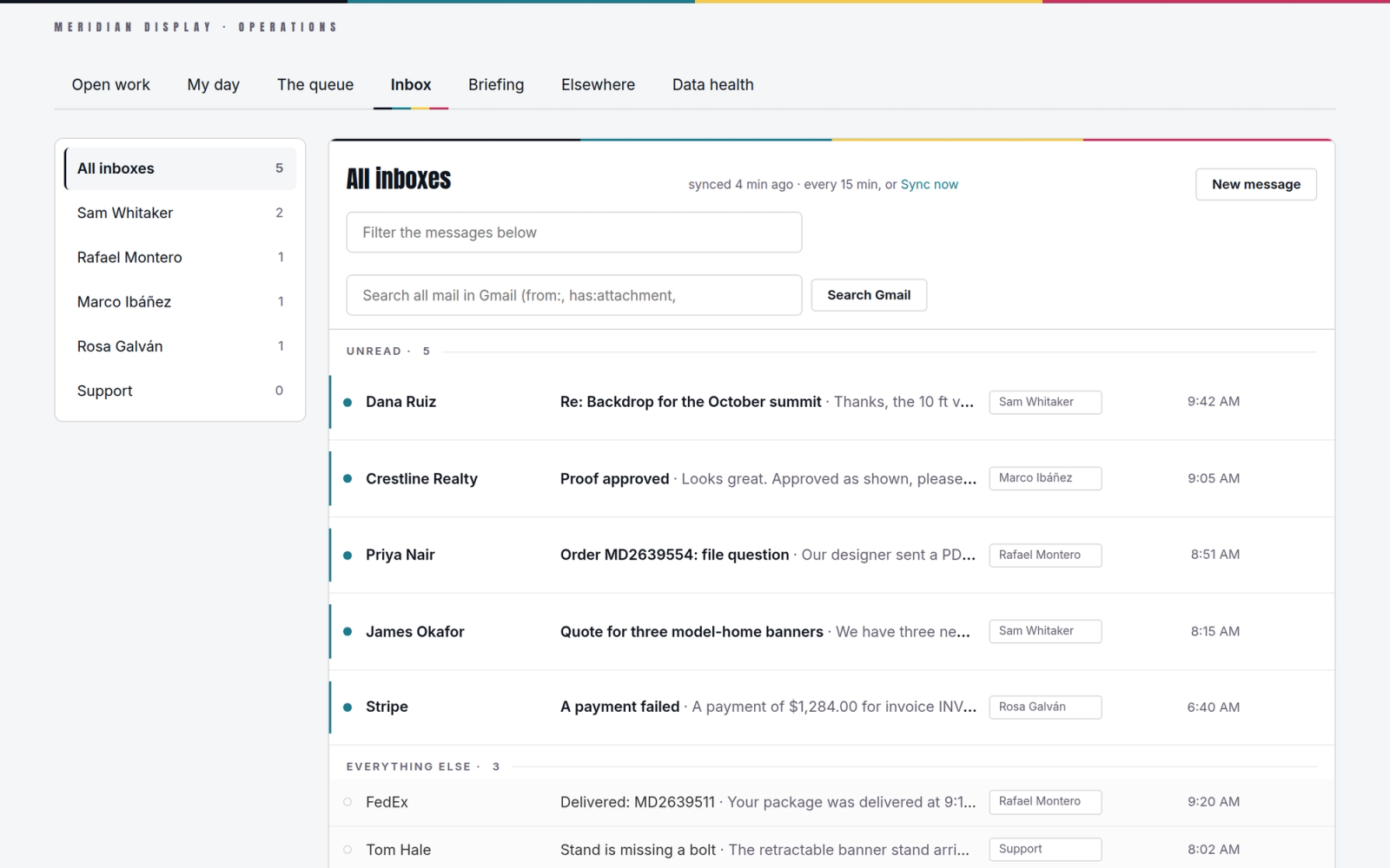 The shared inbox: several team mailboxes in one list, unread client messages first, each tagged with the person whose inbox it came to.