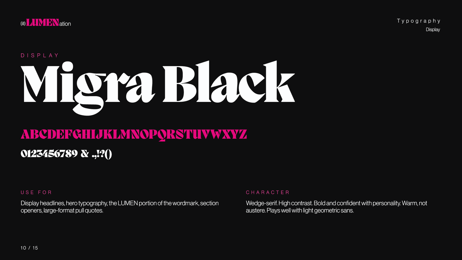 Migra Black specimen with its alphabet, numerals and use notes.