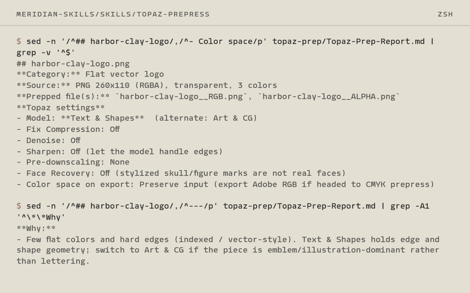 A terminal session: the pre-pass report for one transparent logo, recommending the Text and Shapes model with compression fixing, denoise and sharpening off, and saying why.