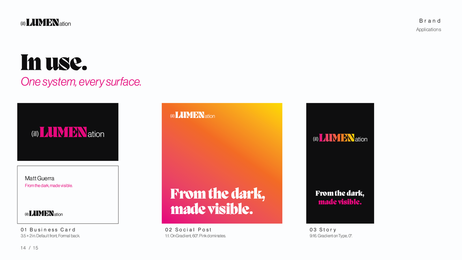 A business card, a social post on the gradient, and a story frame, each carrying the wordmark and tagline.