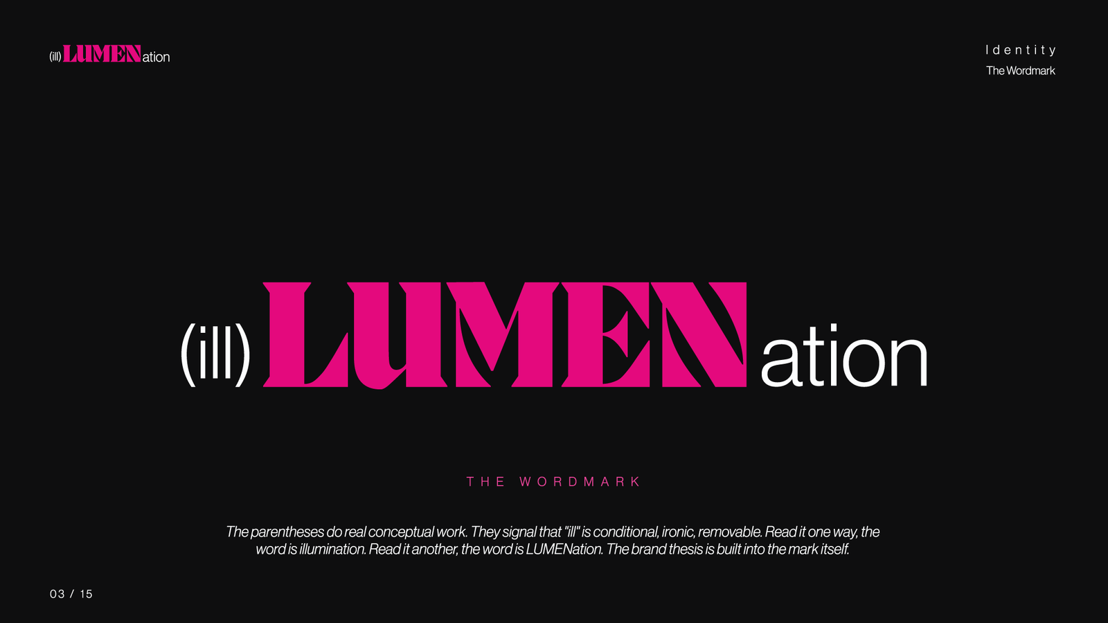 The (ill)LUMENation wordmark large on off-black, with a note on how the parentheses make ill conditional.