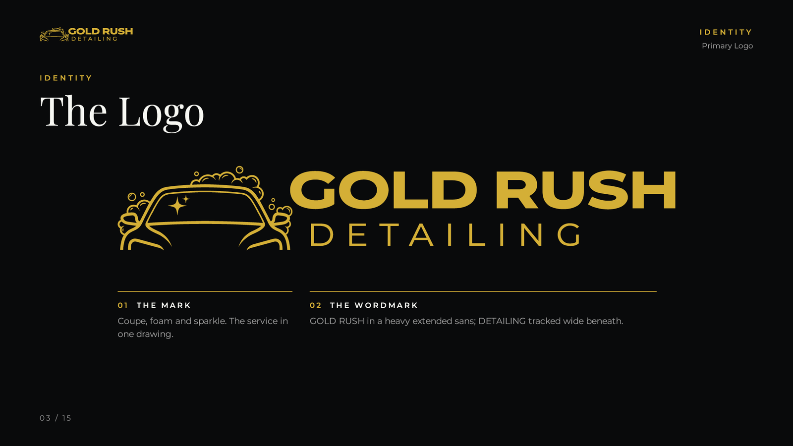 The Gold Rush Detailing logo large on ink, with notes on the mark and the wordmark.