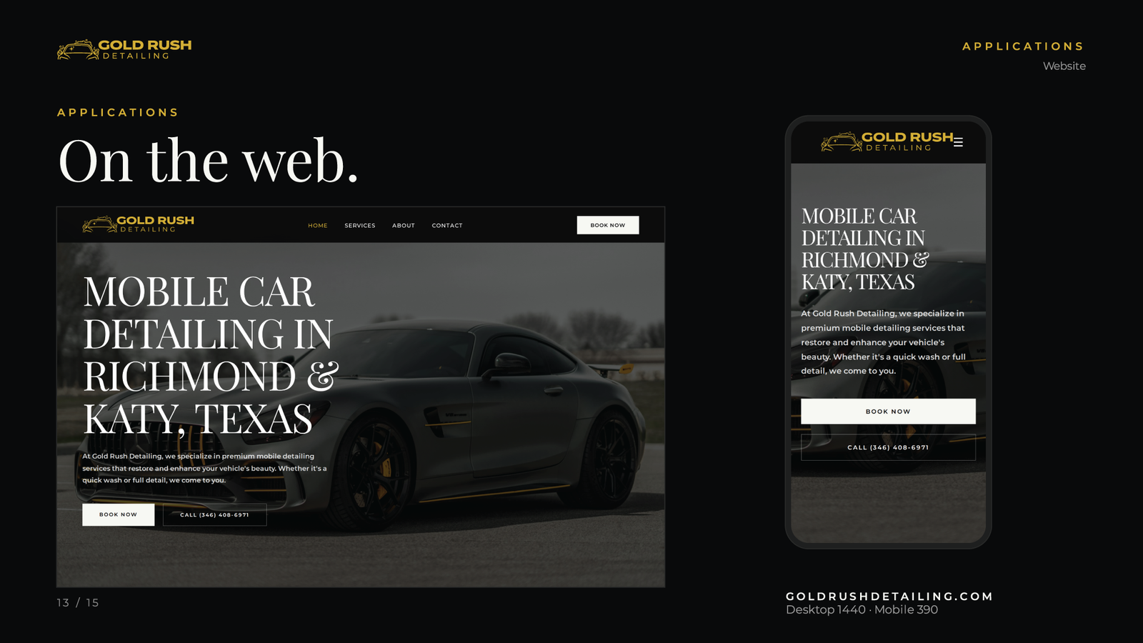 Desktop and phone mockups of goldrushdetailing.com with a hero headline over a photograph of a car.