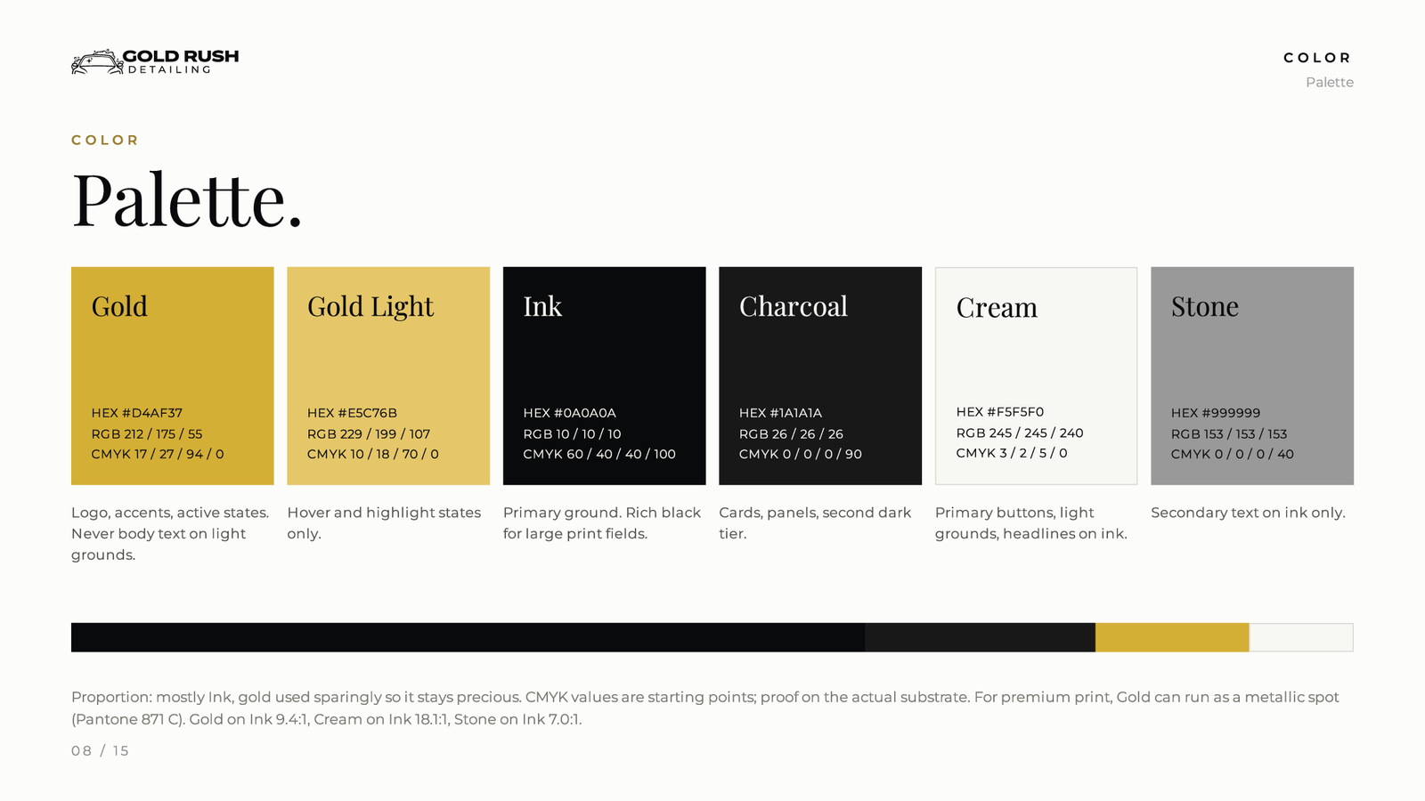 Six swatches, gold, gold light, ink, charcoal, cream and stone, with hex, RGB and CMYK values and a proportion bar.
