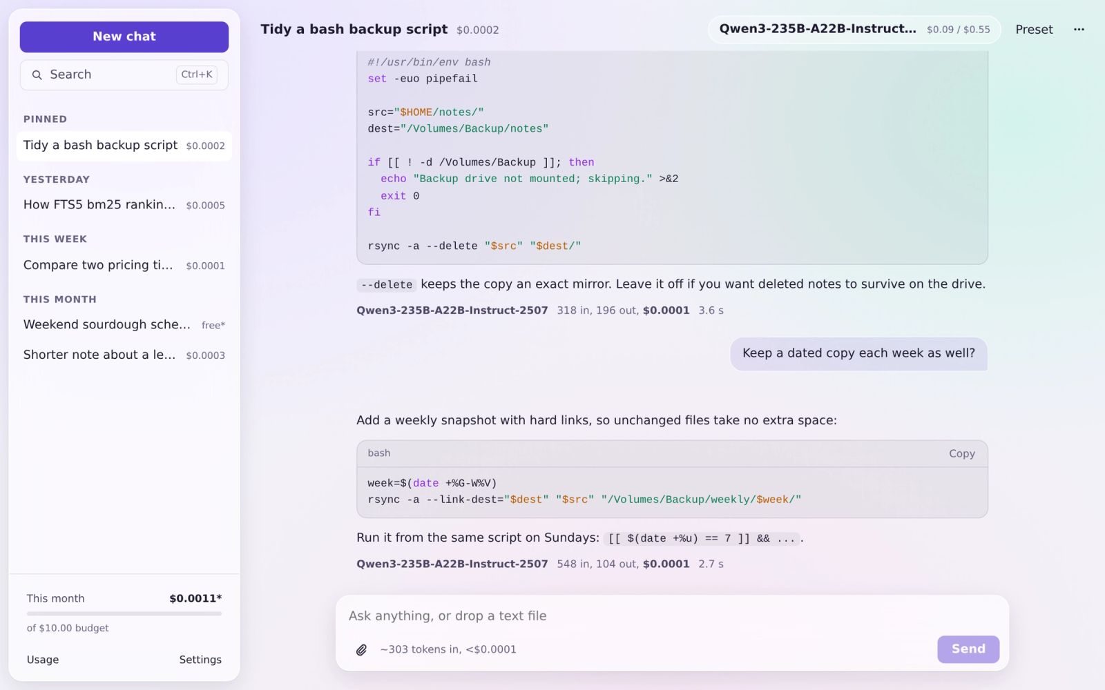 Cortex, a desktop AI client: a chat about a backup script, with the model, tokens in and out, cost and time under each reply, and the month's spend against a budget.
