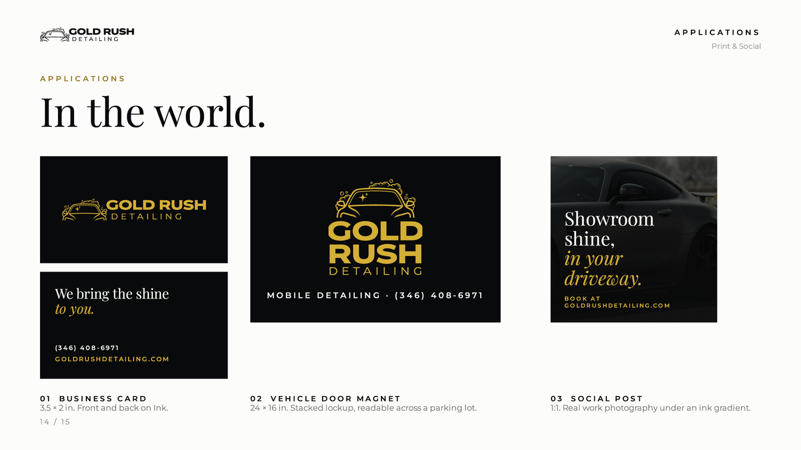 A business card, a vehicle door magnet and a social post carrying the logo and tagline.