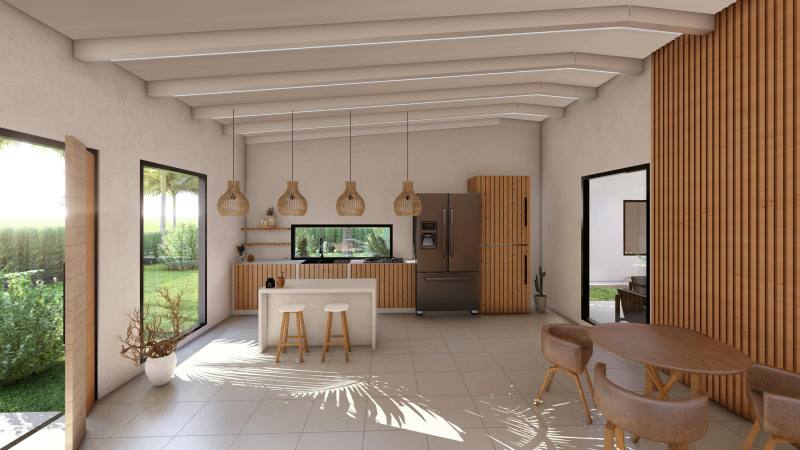 Render de comedor y cocina de Casa Bella Valley