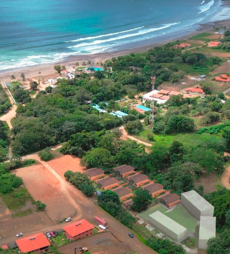 Aerial photograph of Playa Venao with the Rio Venao houses superimposed as a render