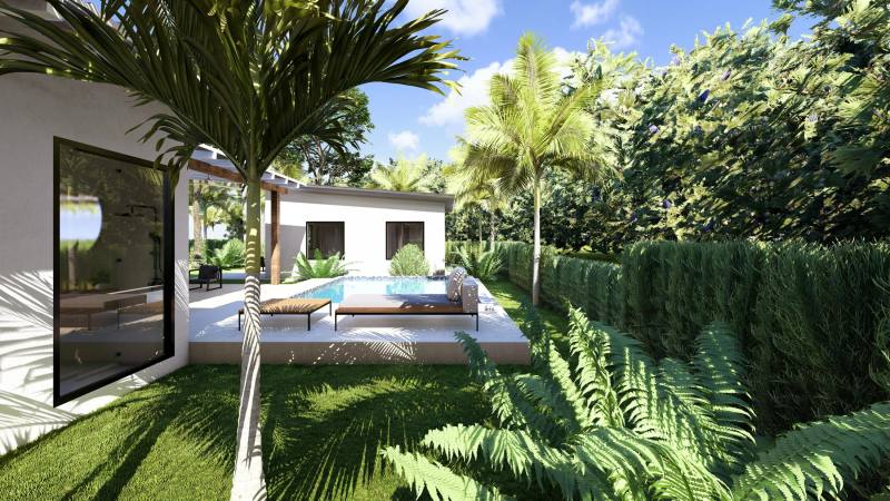 Render de piscina y jardín de Casa Bella Valley