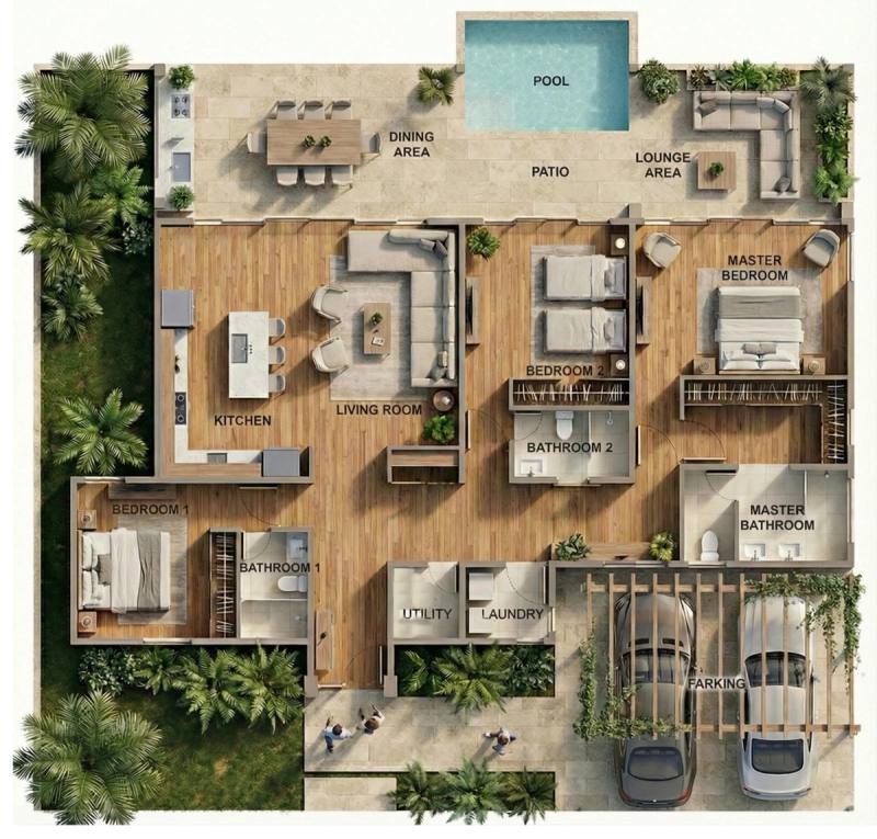 Floor plan of the Caoba model: three bedrooms, private pool, two parking spaces