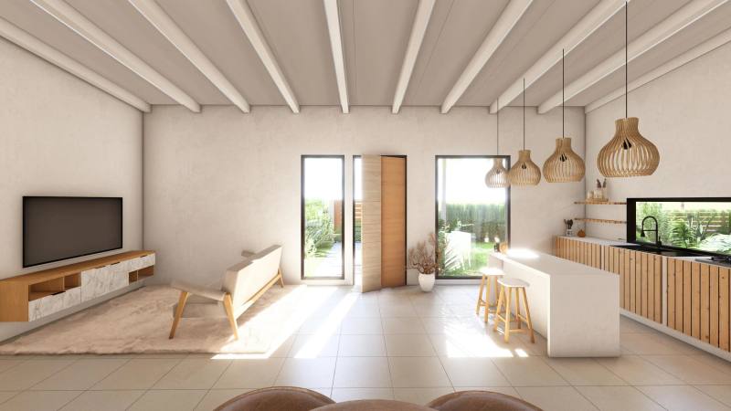 Render de sala y cocina abiertas de Casa Bella Valley
