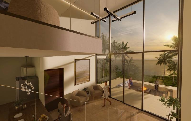Render of the Ceiba model's double-height living space