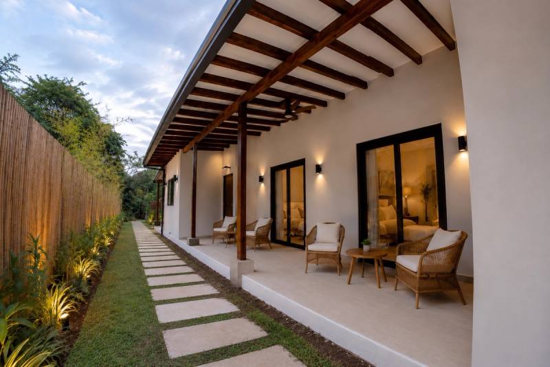 Side walkway under the timber-beamed eave, with seating along the wall