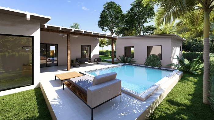 Render de piscina y patio de Casa Bella Valley