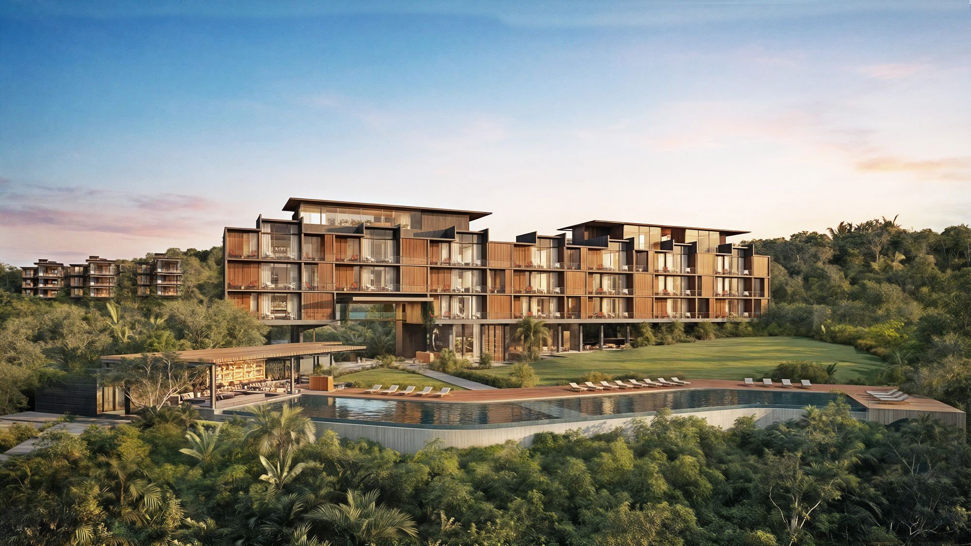 Render of the MARE beachfront building at Vervana, seen from the water