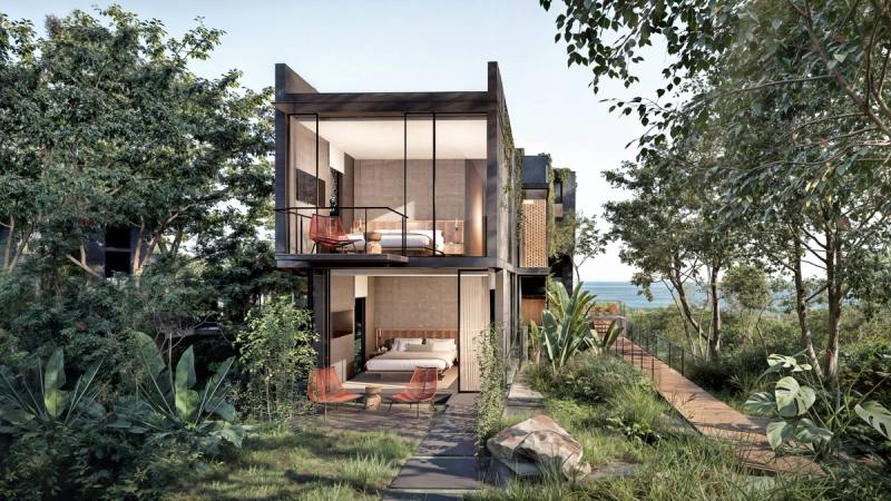 Interior render of a Templo Villa lock-off unit looking out to the coast