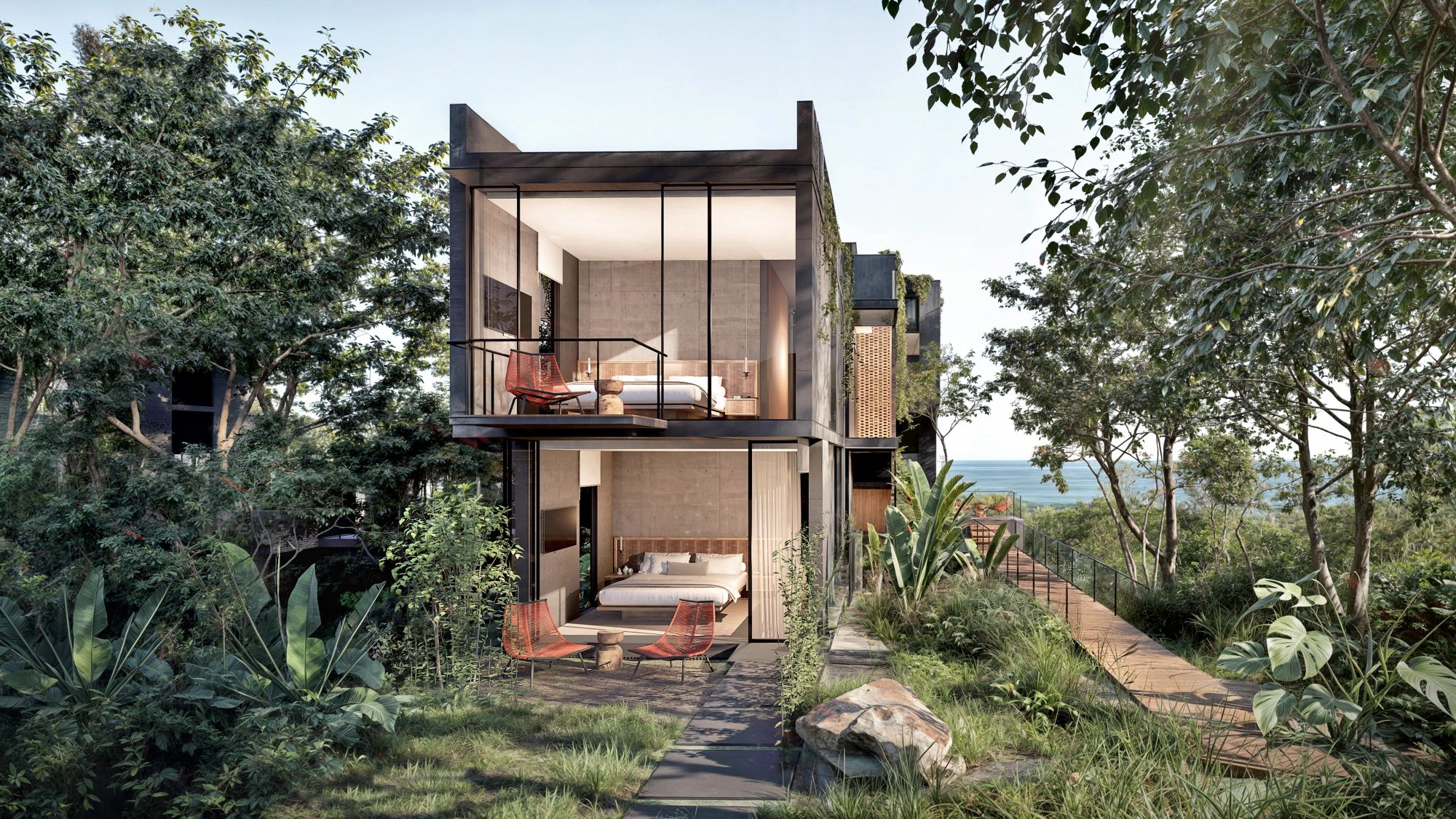 Interior render of a Templo Villa lock-off unit at Vervana, looking out to the coast