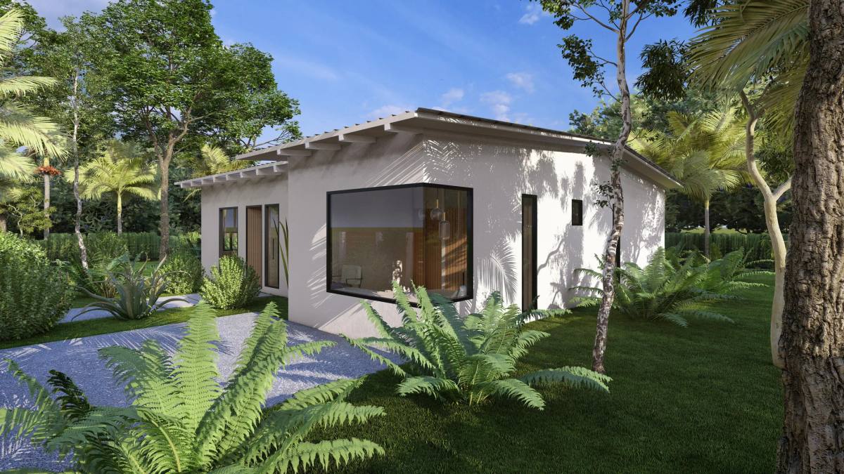 Render de fachada de Casa Bella Valley entre jardines