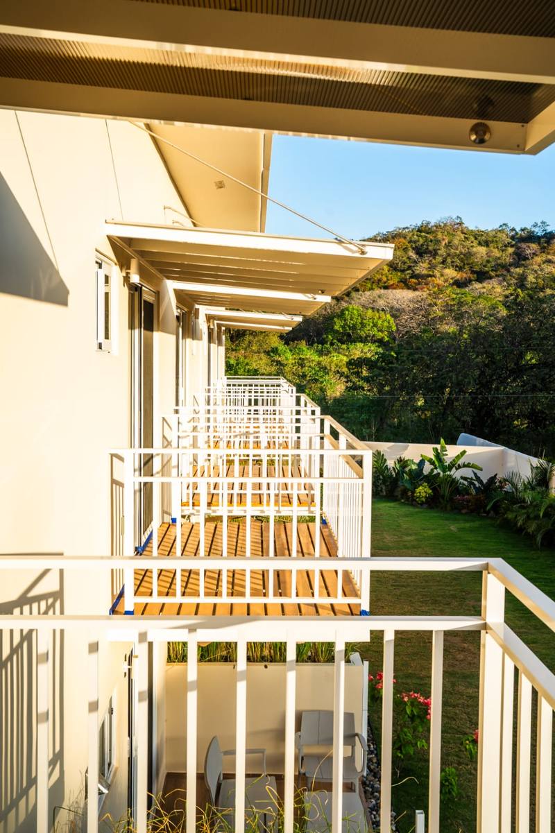Balcony looking out over the garden and the trees