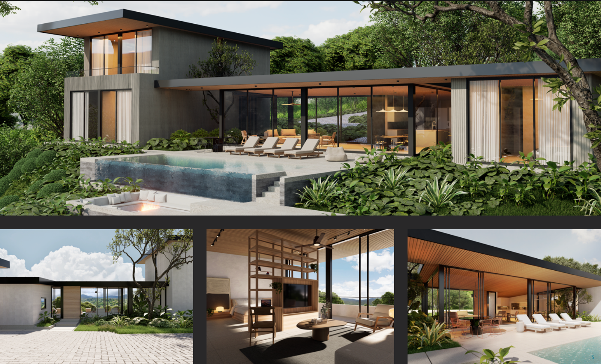 Page from the Raya del Sol brochure showing renders of the house, the pool terrace and the interior