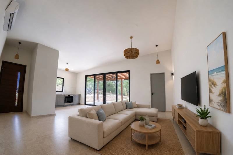 Living room under the pitched ceiling, open to the kitchen