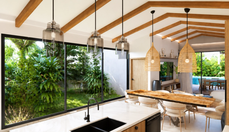 Render of the kitchen and dining area under an exposed timber roof