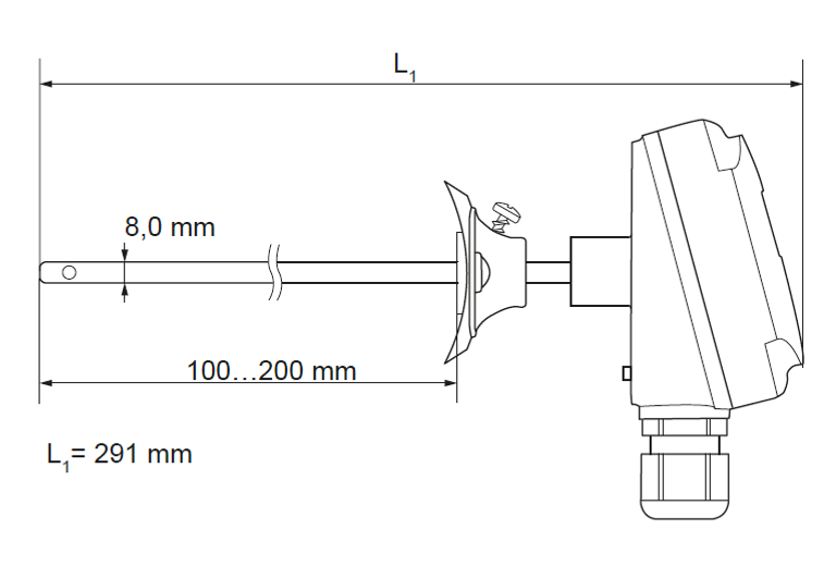 Dimensiones del Sensor de Temperatura para Conducto TEK de Produal