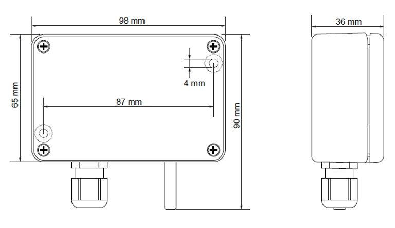 Dimensiones del transmisor de temperatura industrial IP67 TES de Produal