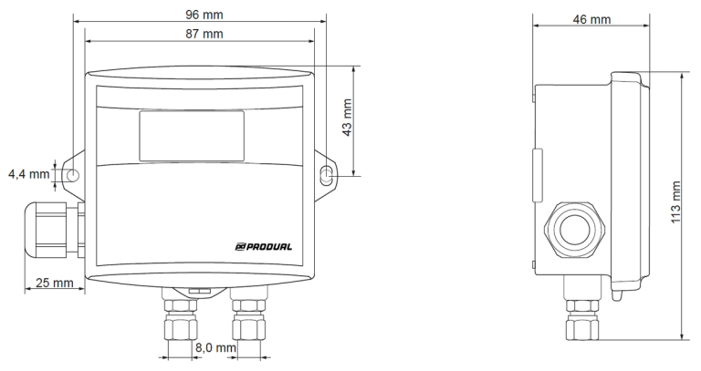 Dimensiones del transmisor de presión diferencial de agua y glicol VPEL de Produal