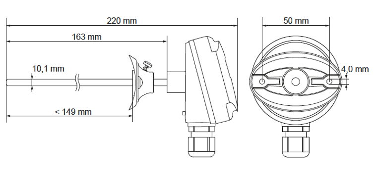 Dimensiones del transmisor de humedad para conducto KLK de Produal