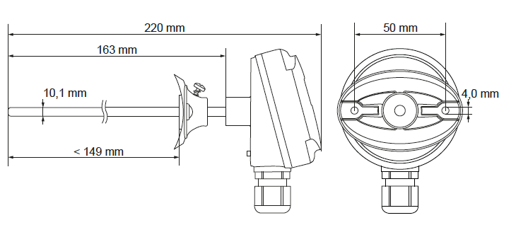Dimensiones del transmisor de humedad para conducto KLK de Produal