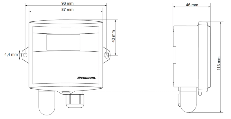 Dimensiones del transmisor de temperatura exterior TEU de Produal