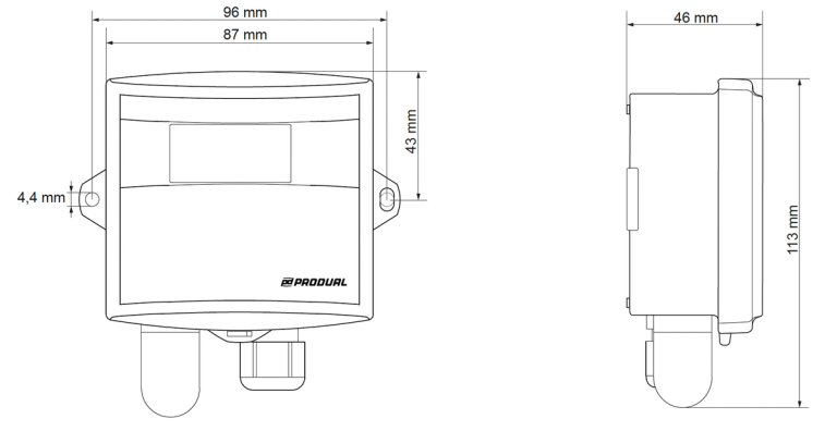 Dimensiones del transmisor de temperatura exterior TEU de Produal