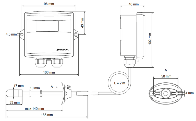 Dimensiones del transmisor de humedad KLHJ100 de Produal