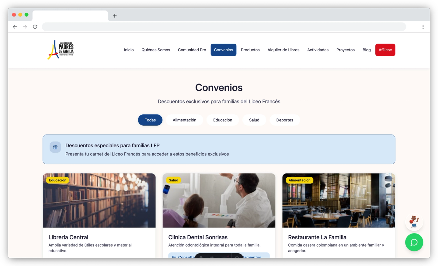 Sitio web ASOPADRES - Convenios