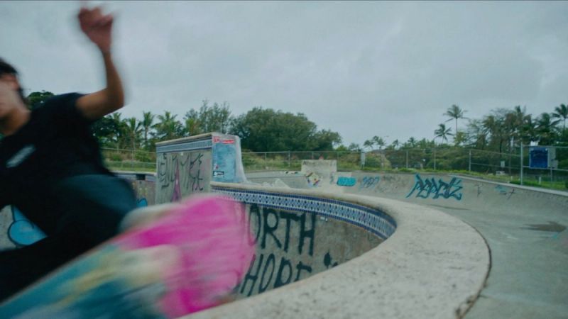 Skater mid-trick in concrete bowl with graffiti and palm trees under overcast sky