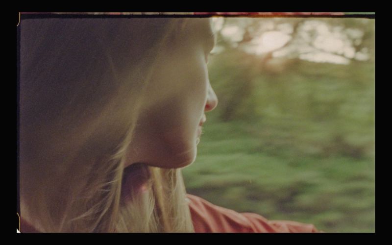 Profile of a woman gazing out over green landscape in warm film photography