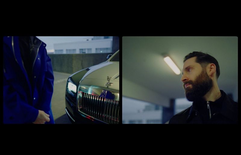 Split screen cinematography still featuring a Rolls Royce grille and director Alex Nazari in profile.