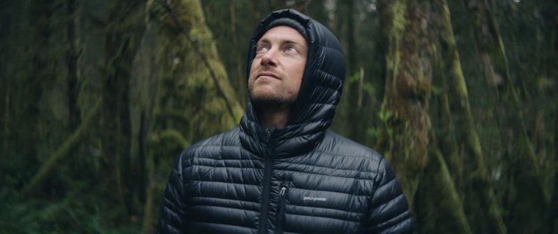Man in black hooded jacket looking up in mossy forest