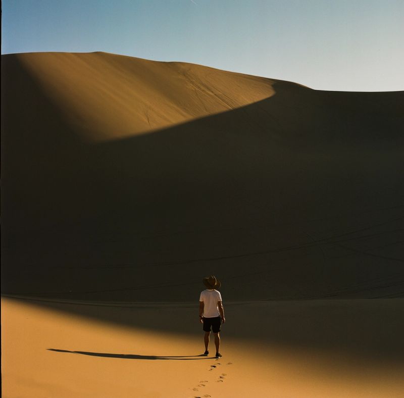 Lone figure stands on vast golden sand dune casting long shadow in desert.