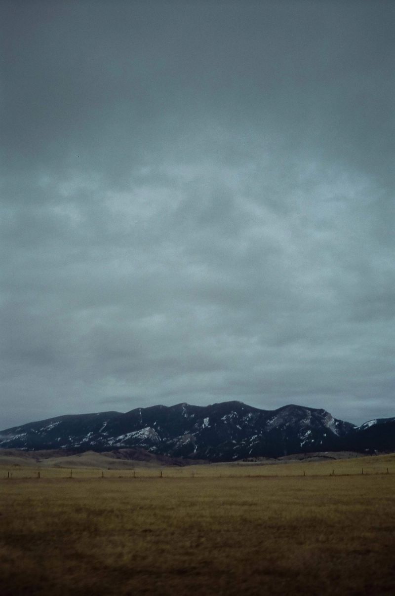 Overcast sky above snow-dusted mountains and golden grassland