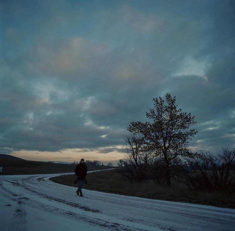 Person walking on snowy road under cloudy sky with bare trees