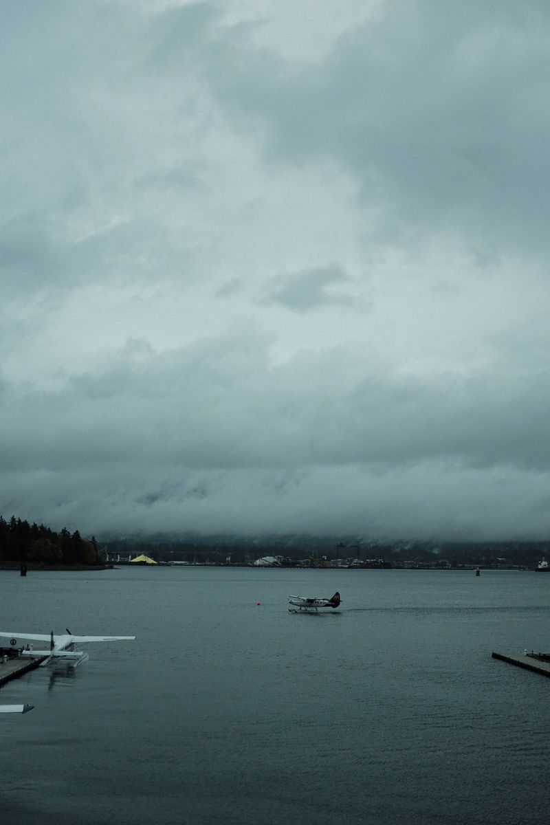 Seaplane on misty water under cloudy sky