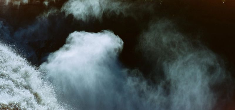 Turbulent white water waterfall spray captured on medium format film.