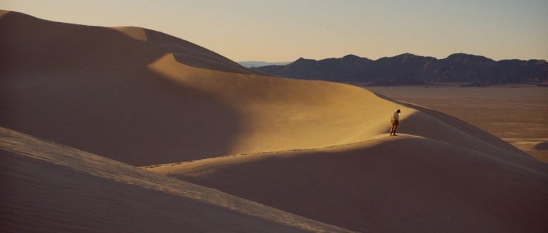 Cinematographer stands on golden sand dune in desert landscape