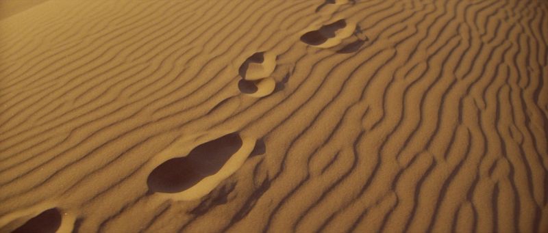 Footprints in rippled sand dunes under warm film lighting
