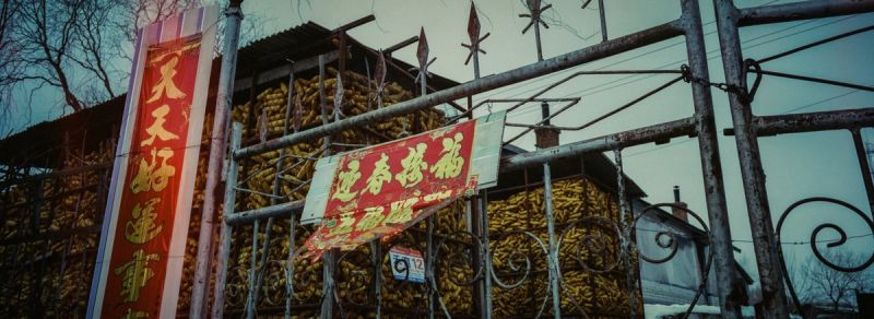 A metal gate adorned with red Chinese banners stands before a large storage structure filled with yellow corn cobs.