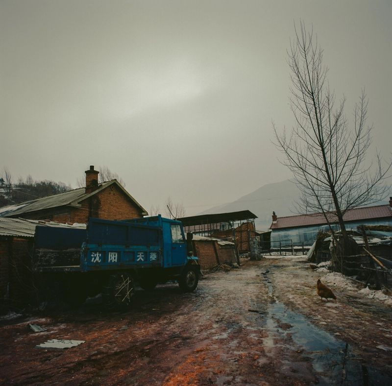Blue truck parked in rural village with brick buildings and bare trees under overcast sky