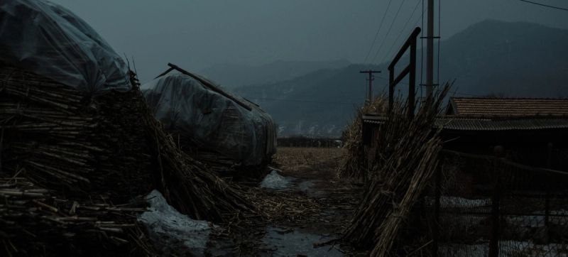 Stacks of bamboo and covered structures in a misty rural landscape